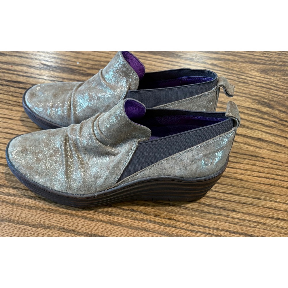 Bionica Metallic Pewter Leather Ruched Slip On Wedge Shoes 7.5M 4572523
